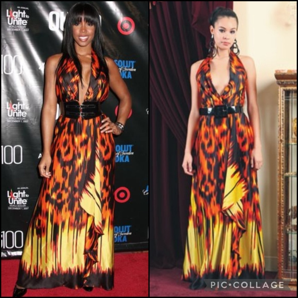 House of Dereon 100% Silk Butterfly Wing Print Waterfall Ruffle Maxi Dress